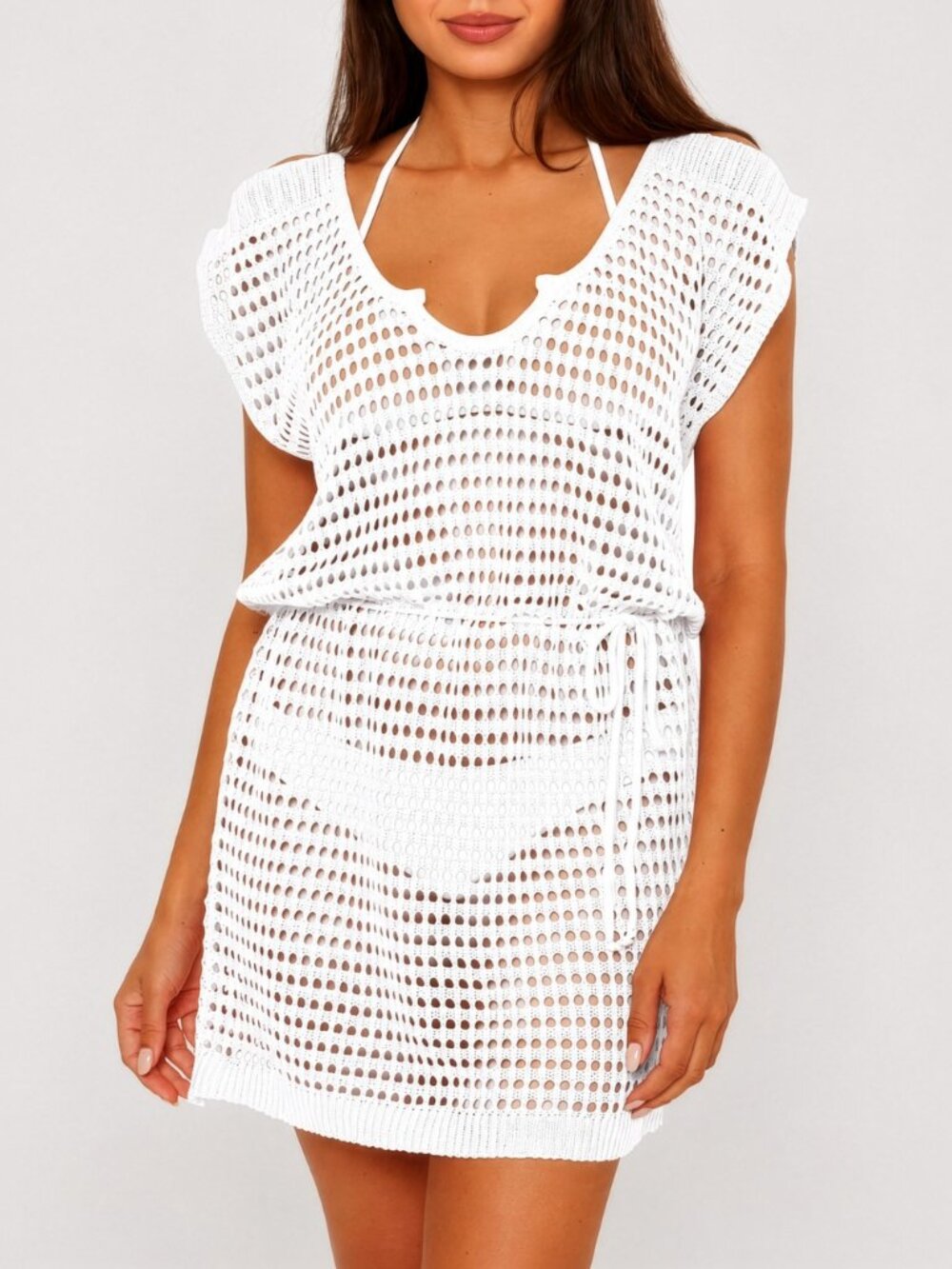 BECCA Playa Open Stitch Cover Up Mini Dress Womens Large White Like New